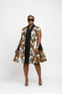 KIMANI Luxury African 100% Cotton Ankara Cape Kimono Mini Dress With Aso Oke Trim, Front Zip Closure, Belted Waist and Side Pockets
