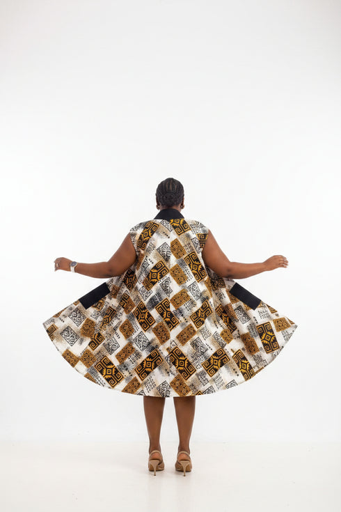 KIMANI Luxury African 100% Cotton Ankara Cape Kimono Mini Dress With Aso Oke Trim, Front Zip Closure, Belted Waist and Side Pockets