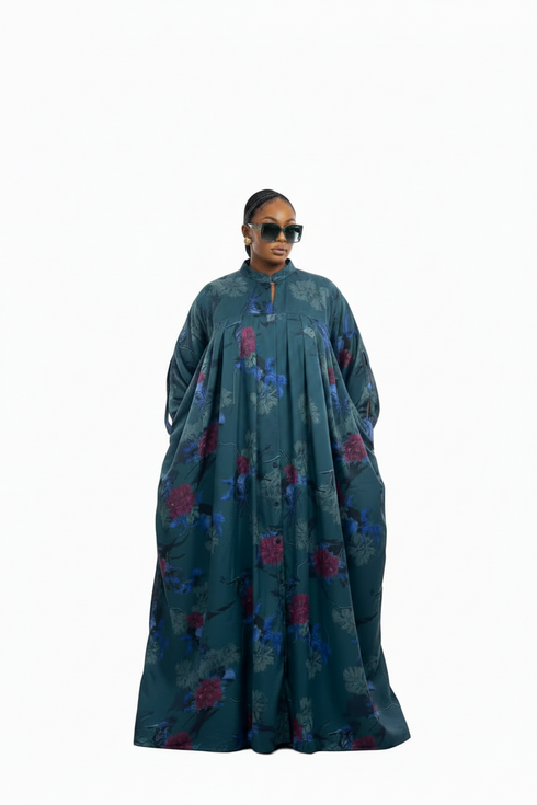 SELENE Luxury Floral Print Satin Finish Button Front Boubou Kaftan Maxi Dress With Dramatic Split Sleeves