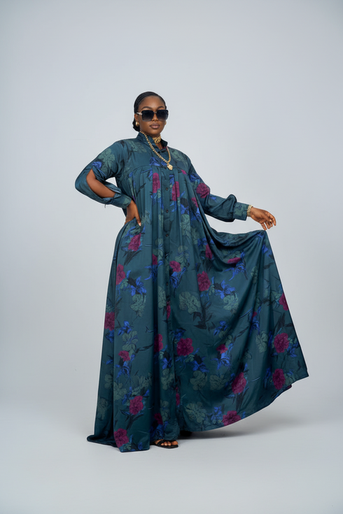 SELENE Luxury Floral Print Satin Finish Button Front Boubou Kaftan Maxi Dress With Dramatic Split Sleeves