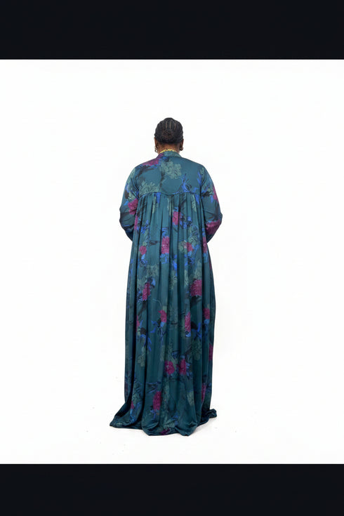 SELENE Luxury Floral Print Satin Finish Button Front Boubou Kaftan Maxi Dress With Dramatic Split Sleeves