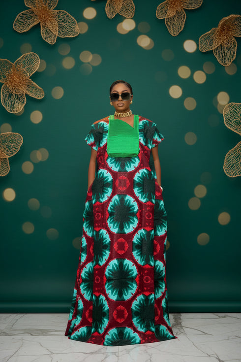 ISA Luxury African Ankara Print Long Dansiki Kaftan/ Boubou Maxi Dress With Pleated Contrast Bib Detail - 1 piece boubou