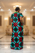 ISA Luxury African Ankara Print Long Dansiki Kaftan/ Boubou Maxi Dress With Pleated Contrast Bib Detail - 1 piece boubou