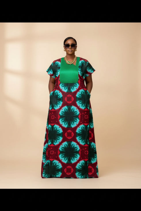 ISA Luxury African Ankara Print Long Dansiki Kaftan/ Boubou Maxi Dress With Pleated Contrast Bib Detail - 1 piece boubou