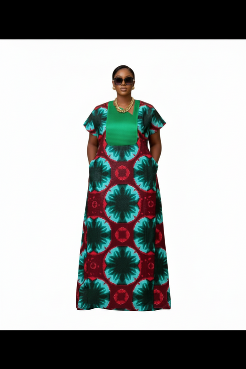 ISA Luxury African Ankara Print Long Dansiki Kaftan/ Boubou Maxi Dress With Pleated Contrast Bib Detail - 1 piece boubou