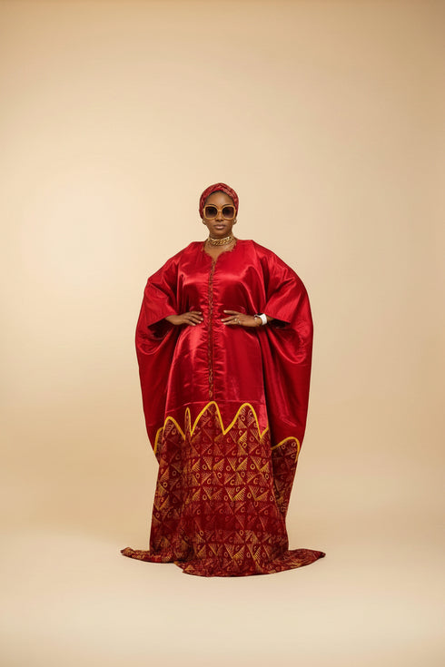AURELIA FIRE Luxury Satin African Boubou Kaftan Maxi Dress With African Print Hem Panel and Matching Headwrap