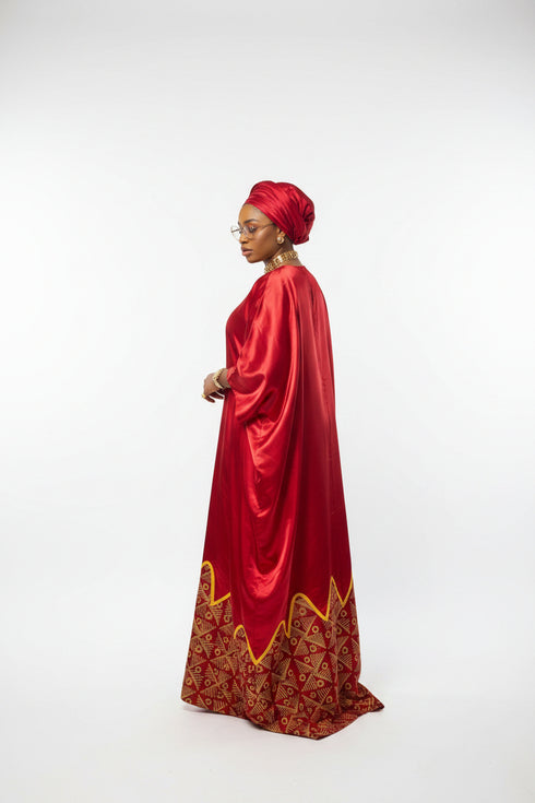 AURELIA FIRE Luxury Satin African Boubou Kaftan Maxi Dress With African Print Hem Panel and Matching Headwrap