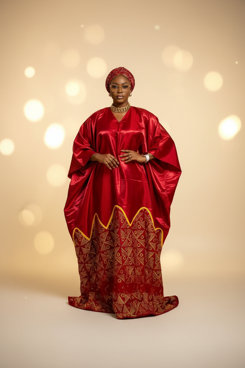 AURELIA FIRE Luxury Satin African Boubou Kaftan Maxi Dress With African Print Hem Panel and Matching Headwrap