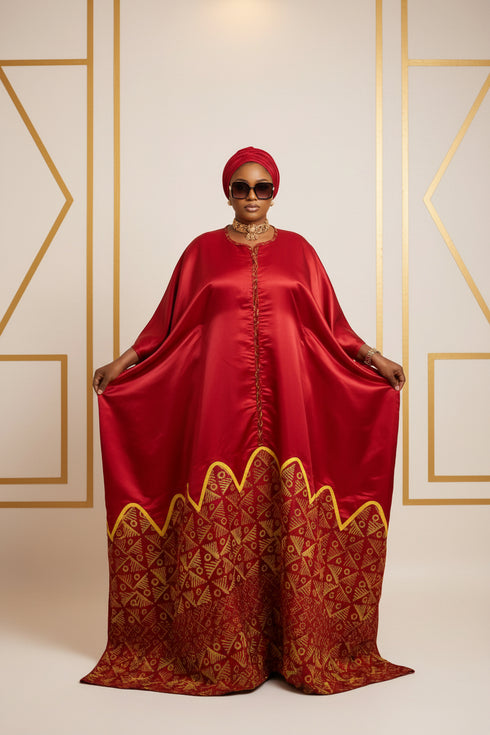 AURELIA FIRE Luxury Satin African Boubou Kaftan Maxi Dress With African Print Hem Panel and Matching Headwrap