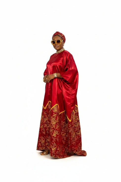 AURELIA FIRE Luxury Satin African Boubou Kaftan Maxi Dress With African Print Hem Panel and Matching Headwrap