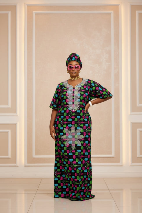 ZOSIME Luxury 100% Cotton Ankara Dansiki Boubou Maxi Dress With Crystal Beaded Neckline, Embellished Front Panel and Matching Headwrap
