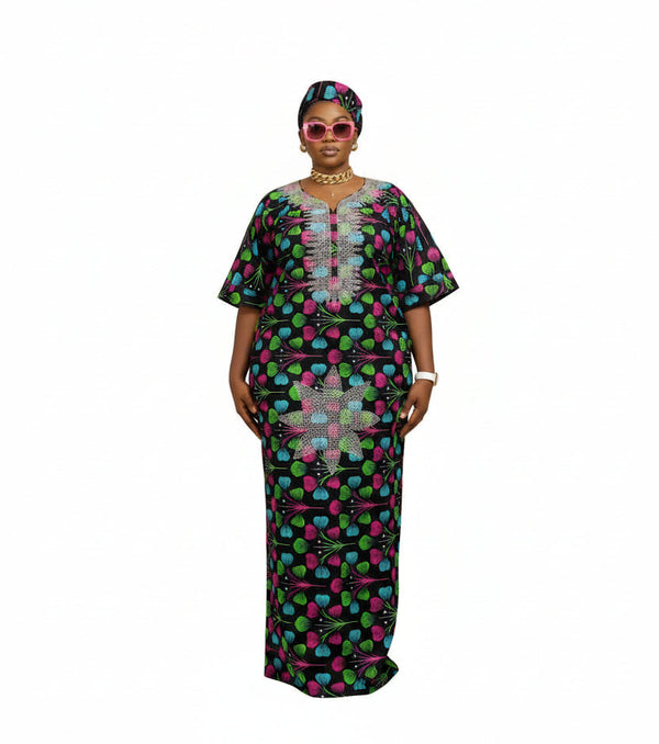 ZOSIME Luxury 100% Cotton Ankara Dansiki Boubou Maxi Dress With Crystal Beaded Neckline, Embellished Front Panel and Matching Headwrap