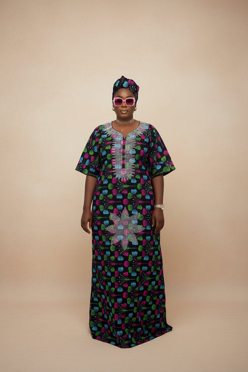 ZOSIME Luxury 100% Cotton Ankara Dansiki Boubou Maxi Dress With Crystal Beaded Neckline, Embellished Front Panel and Matching Headwrap