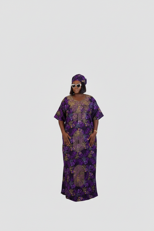 CELESTE Luxury Purple Floral African Print Dansiki Boubou Maxi Dress With Bling Embellished Front Panel, Back Detail, Side Pockets and Matching Headwrap - 2 piece Boubou set
