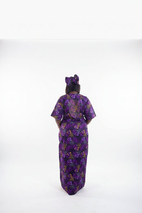 CELESTE Luxury Purple Floral African Print Dansiki Boubou Maxi Dress With Bling Embellished Front Panel, Back Detail, Side Pockets and Matching Headwrap - 2 piece Boubou set
