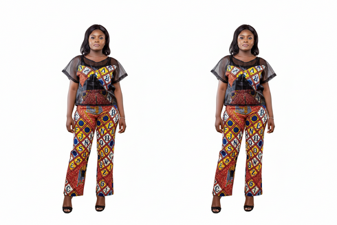 TANDI African Print Pants and Sheer Organza Top Set for Women