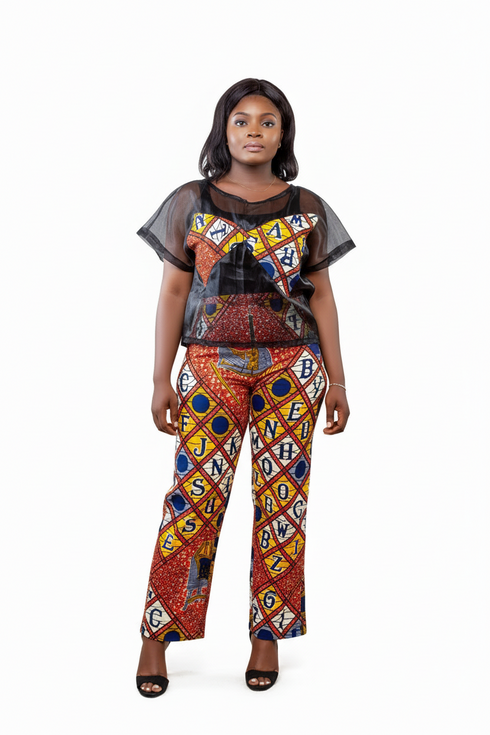 TANDI African Print Pants and Sheer Organza Top Set for Women