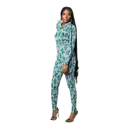 THANDI Jade Petal Ankara Long-Sleeve Fitted Jumpsuit.