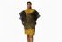 Woman wearing a black and yellow dress with sheer sleeves on a white background