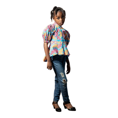 Tahlia Ankara Puff Sleeve with Front Zip Peplum Blouse for Girls – African Print Statement Top Only for Modern Girl