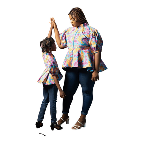 Tahlia Ankara Puff Sleeve with Front Zip Peplum Blouse for Girls – African Print Statement Top Only for Modern Girl