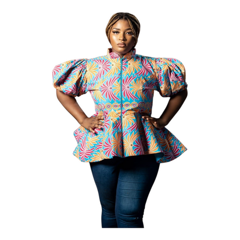 Tahlia Ankara Puff Sleeve with Front Zip Peplum Blouse for Women - African Print Statement Top Only for Modern Women