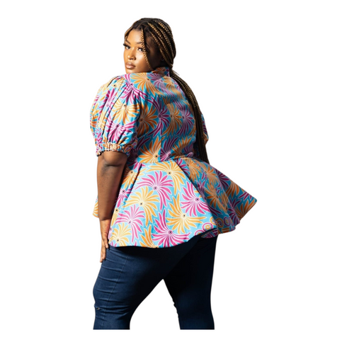 Tahlia Ankara Puff Sleeve with Front Zip Peplum Blouse for Women - African Print Statement Top Only for Modern Women