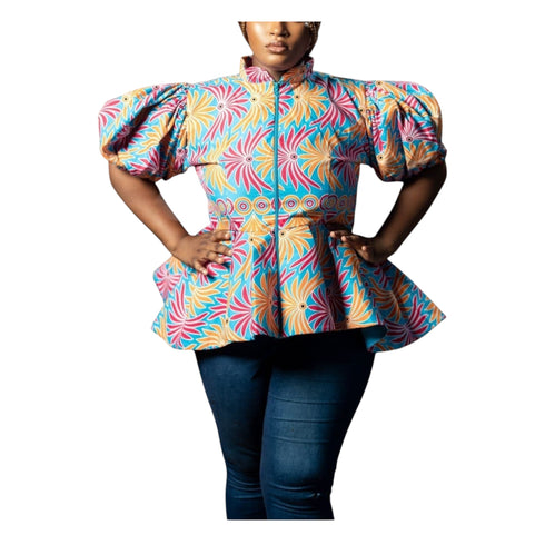 Tahlia Ankara Puff Sleeve with Front Zip Peplum Blouse for Women - African Print Statement Top Only for Modern Women
