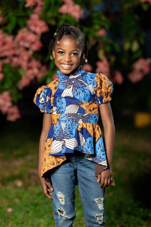 Tindika Girl's Ankara Puff Sleeve High-Low Blouse – Back Zip Elegant Asymmetric African Print Top only