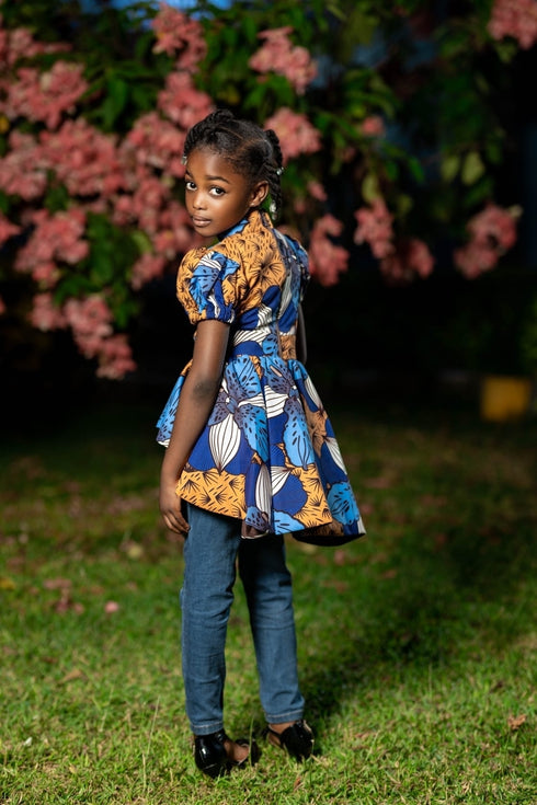 Tindika Girl's Ankara Puff Sleeve High-Low Blouse – Back Zip Elegant Asymmetric African Print Top only