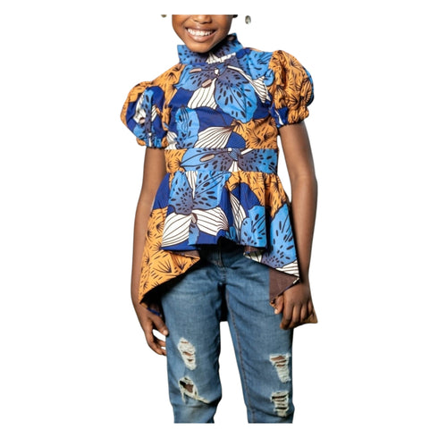 Tindika Girl's Ankara Puff Sleeve High-Low Blouse – Back Zip Elegant Asymmetric African Print Top only