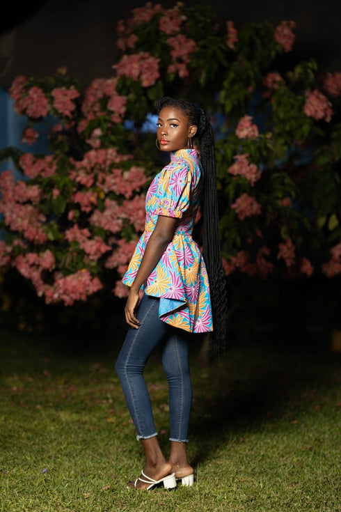 Tindika Women’s Ankara Puff Sleeve High-Low Blouse – Back Zipper Elegant Asymmetric African Print Top Only