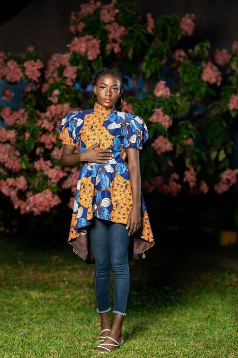 Tindika Women’s Ankara Puff Sleeve High-Low Blouse – Back Zipper Elegant Asymmetric African Print Top Only