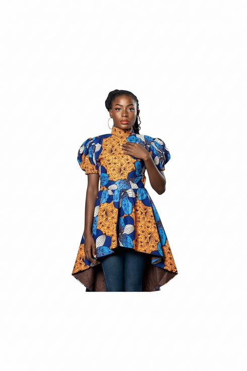 Tindika Women’s Ankara Puff Sleeve High-Low Blouse – Back Zipper Elegant Asymmetric African Print Top Only