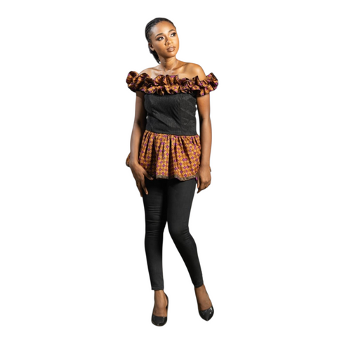 Vaila Ankara Off-Shoulder Ruffled Peplum Blouse for Women – African Print Statement Top Only