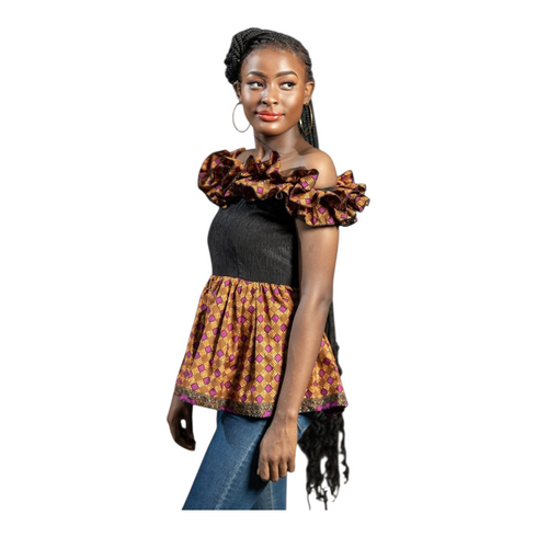 Vaila Ankara Off-Shoulder Ruffled Peplum Blouse for Women – African Print Statement Top Only