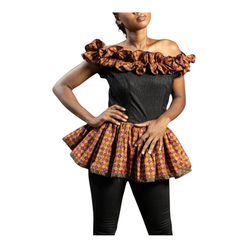 Vaila Ankara Off-Shoulder Ruffled Peplum Blouse for Women – African Print Statement Top Only