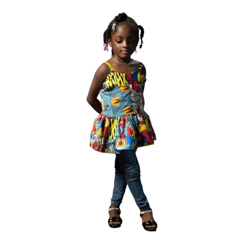 Veyra Ankara Patchwork Peplum Top – Colorful Sleeveless African Print Blouse for Girls - Top Only