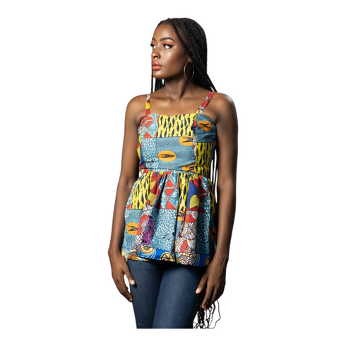 Veyra Ankara Patchwork Peplum Top – Colorful Sleeveless African Print Blouse for Women - Top Only