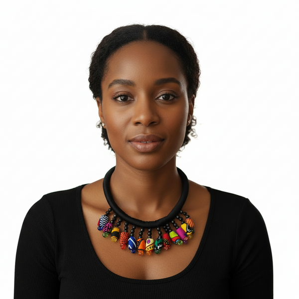 ZARIA Bold Multicolor Ankara Fabric Bead Statement Necklace – Handmade Women’s Jewelry