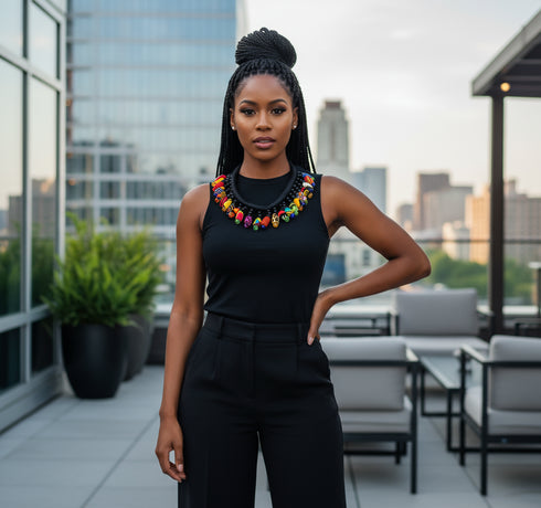 AZIZA Bold Multicolor Ankara Fabric Bead Statement Necklace only – Handmade Women’s Jewelry