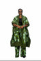 A woman modeling a matching green and white patterned two-piece outfit consisting of a long open-front kaftan-style jacket and wide-leg pants, worn over a black top against a plain white background.