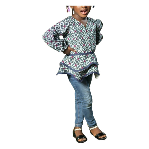 Zanele Girl's Ankara Peplum Blouse with Balloon Sleeves & V-Neckline – Women’s Edition - Top only