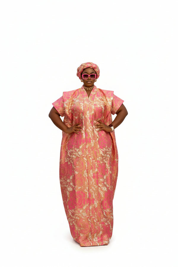 ZORA Luxury Metallic Damask Brocade African Boubou Kaftan Maxi Dress With Matching Braided Headband Set - 2 Piece Boubou Set