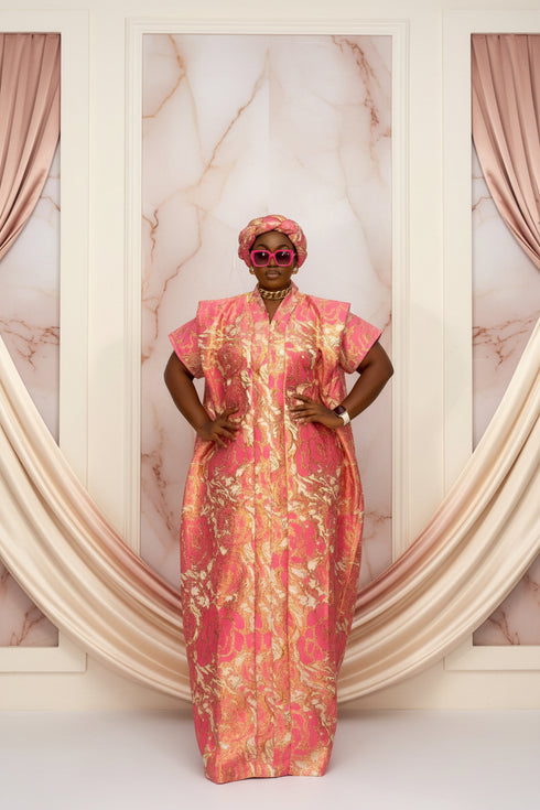 ZORA Luxury Metallic Damask Brocade African Boubou Kaftan Maxi Dress With Matching Braided Headband Set - 2 Piece Boubou Set