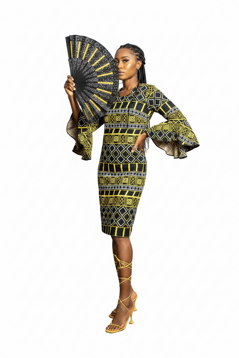 Zura Women Geometric Ankara Shift Dress with Flared Sleeves – Modern African Simplicity