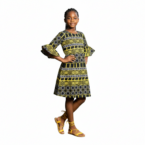 Zura Girls Geometric Ankara Shift Dress with Flared Asymmetrical Sleeves – Modern African Simplicity