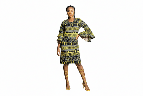 Zura Women Geometric Ankara Shift Dress with Flared Sleeves – Modern African Simplicity