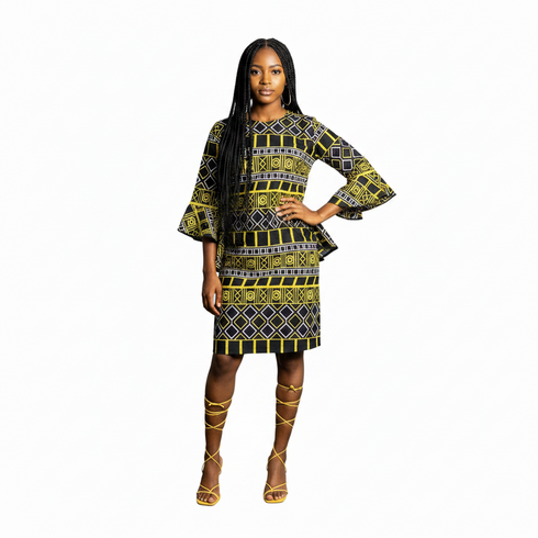 Zura Girls Geometric Ankara Shift Dress with Flared Asymmetrical Sleeves – Modern African Simplicity