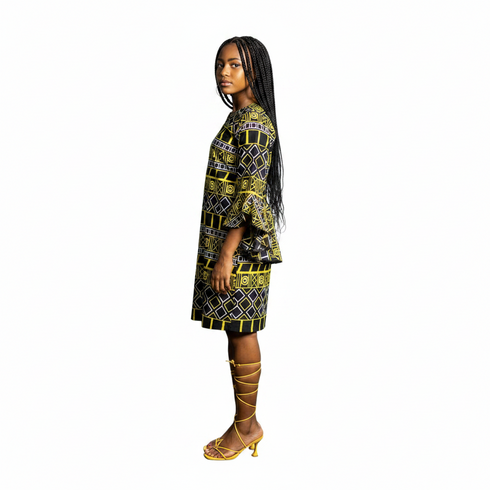 Zura Girls Geometric Ankara Shift Dress with Flared Asymmetrical Sleeves – Modern African Simplicity